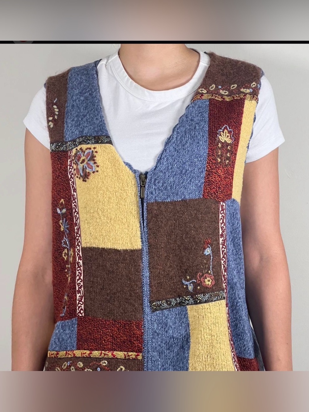 Koret Patchwork Zip-Front V-Neck Sweater Vest - Blue, Brown & Yellow